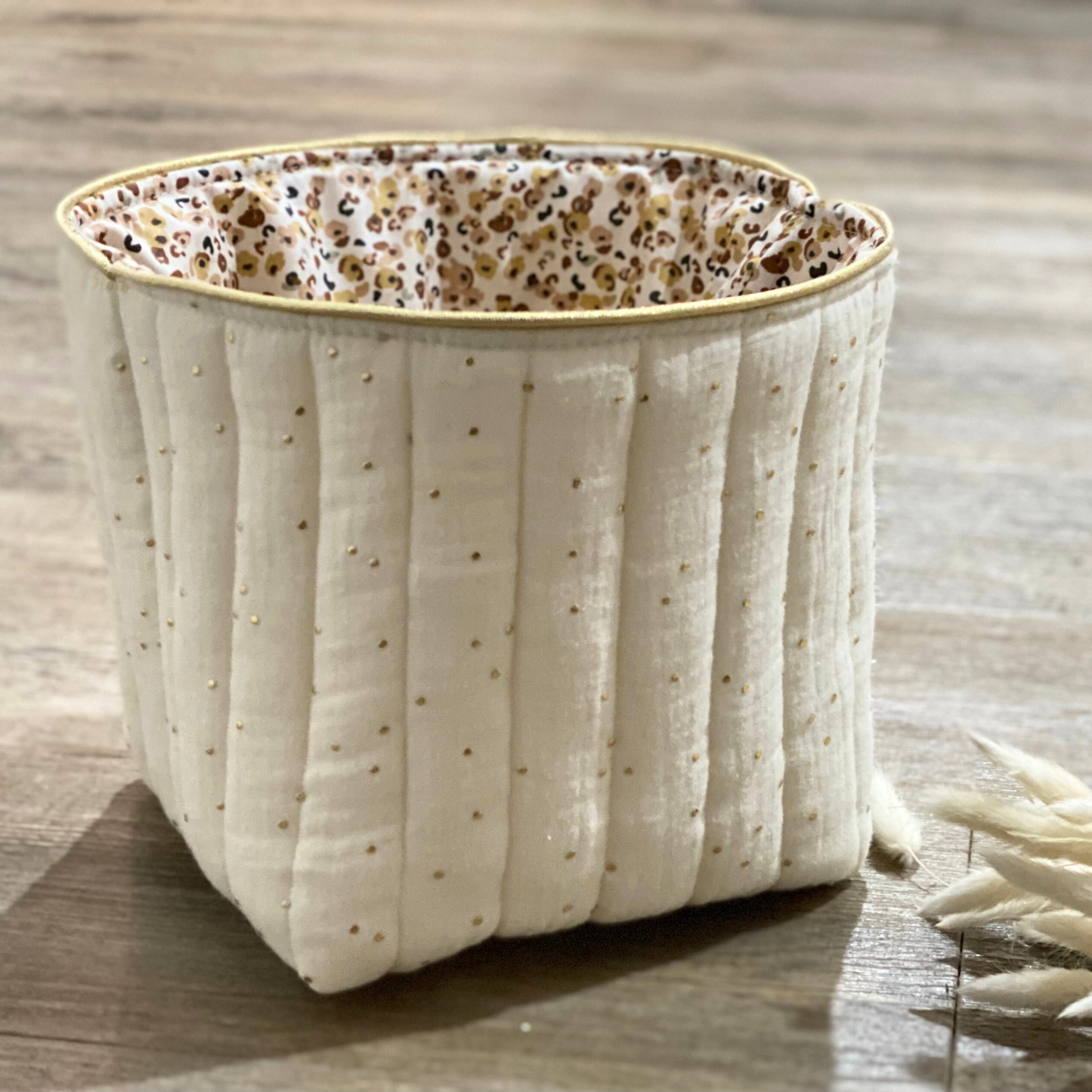 Storage basket for changing table in ecru double gauze with golden dots Adèle Collection