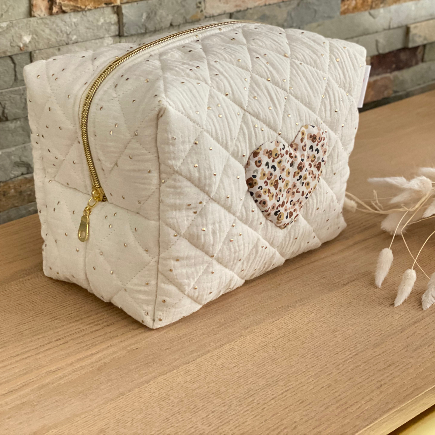 Trousse de toilette en gaze de coton écru à pois dorés