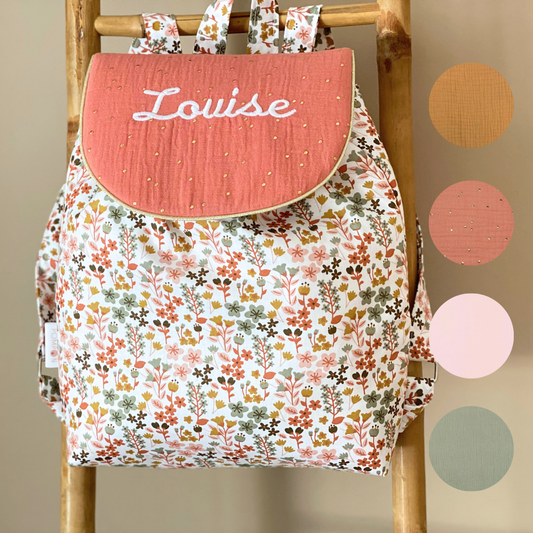 Personalized children's backpack nursery nursery flowers terracotta gold LOUISE Collection